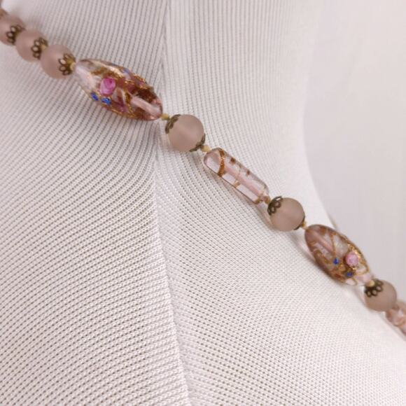 Vintage Pink Wedding Cake Lampwork Bead Necklace 50s 60s 22in Matinee - Picture 8 of 10